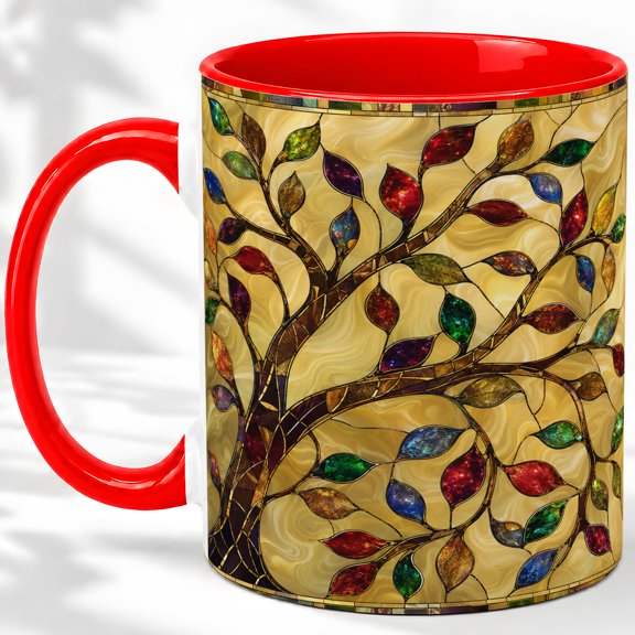 Stained Glass Tree Accent Mug, 11oz Ceramic Coffee Cup for Nature Fans