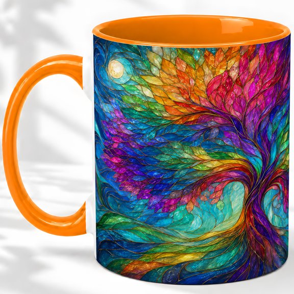 Stained Glass Tree Accent Mug, 11oz Ceramic Coffee Cup for Nature Fans