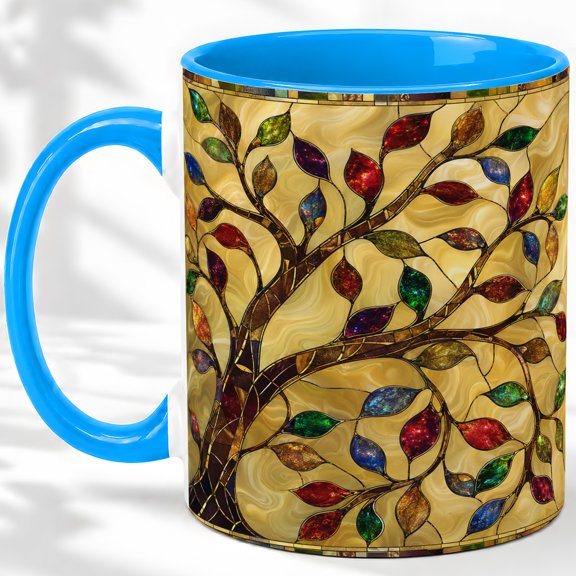 Stained Glass Tree Accent Mug, 11oz Ceramic Coffee Cup for Nature Fans