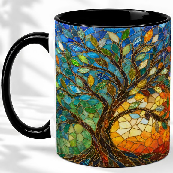 Stained Glass Tree Accent Mug, 11oz Ceramic Coffee Cup for Nature Fans