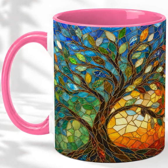 Stained Glass Tree Accent Mug, 11oz Ceramic Coffee Cup for Nature Fans