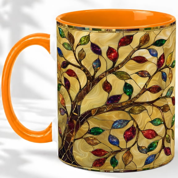 Stained Glass Tree Accent Mug, 11oz Ceramic Coffee Cup for Nature Fans