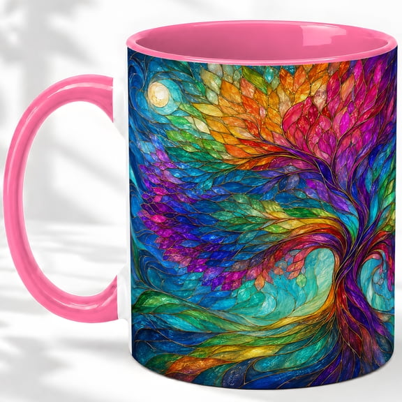 Stained Glass Tree Accent Mug, 11oz Ceramic Coffee Cup for Nature Fans