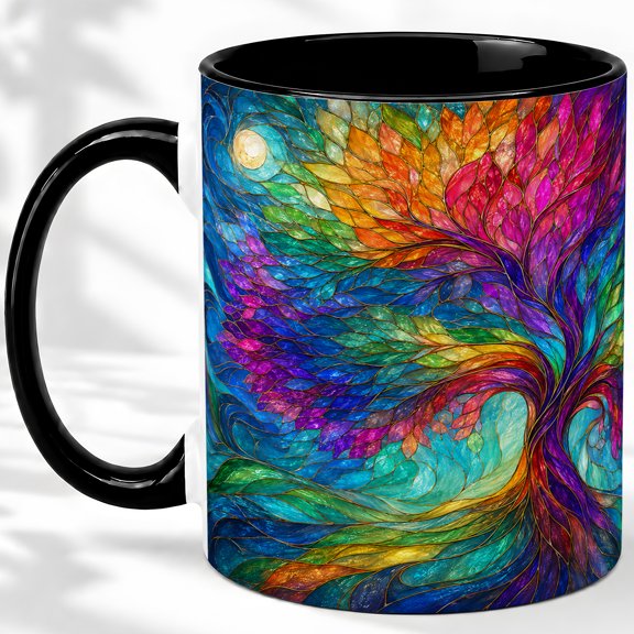 Stained Glass Tree Accent Mug, 11oz Ceramic Coffee Cup for Nature Fans