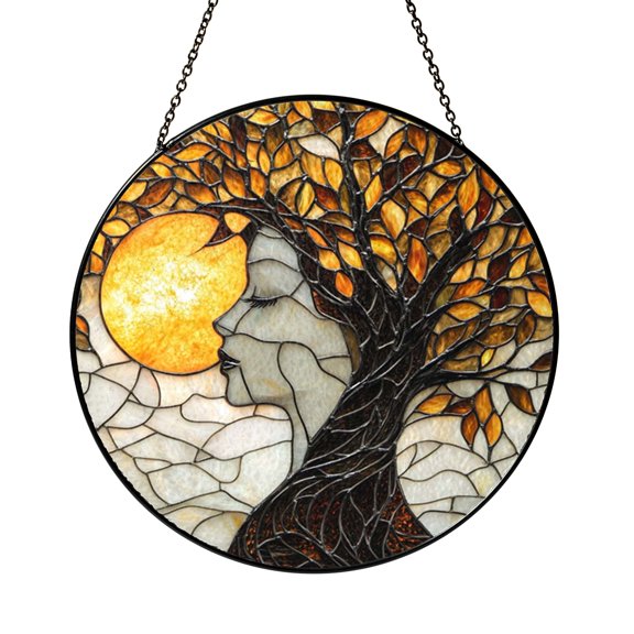 Stained Glass Tree Fairy Suncatcher Window Hanging, Nature Style Woman Art Sun Catcher for Window Decor