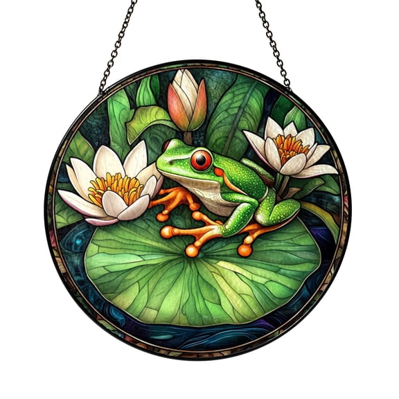 Stained Glass Tree Frog Window Art Lily Leaf Nature Scene Decorative Glass Suncatcher for Home Interior Window Accent