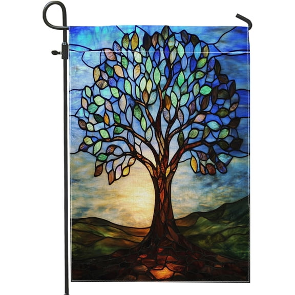 Stained Glass Tree Garden Flag 12 x 18 Inch Double Sided Spring Nature Scenic Burlap Lawn Flag Trippy Psychedelic Small House Flag for Outdoor Decor