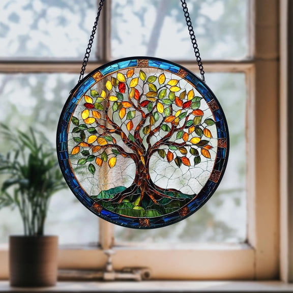 Stained Glass Tree of Life Suncatcher_ Handmade Window Hanging Decor, Stained Glass Window Suncatcher, Rainbow Light Catcher, Colorful Glass Decor, Sun Catcher Ornament