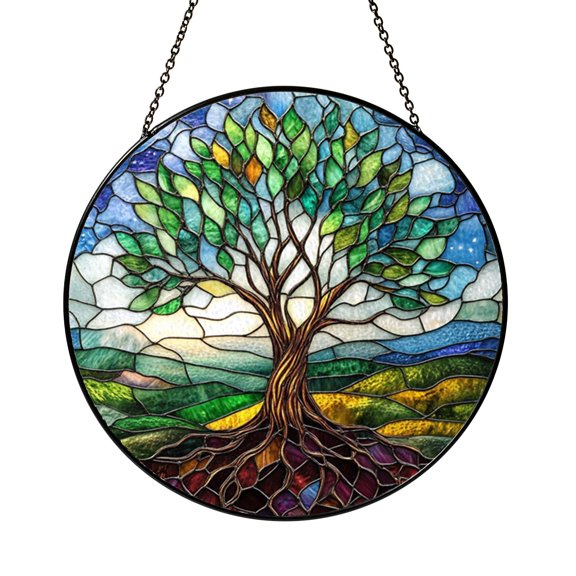 Stained Glass Tree Silhouette Window Hanging Art