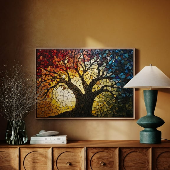 Stained Glass Tree Wall Art - Vibrant Sunset Mosaic Nature-Inspired Design For Modern And Rustic Home Or Office Decor Wall Art, Modern Wall Decor, 8x12 UNFRAMED