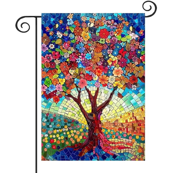 Stained Glass Tree of Life Garden Flag 12x18 Double Sided for Outside, Spring Summer Burlap Small Floral Garden Flags for Yard Outdoor Garden Decor