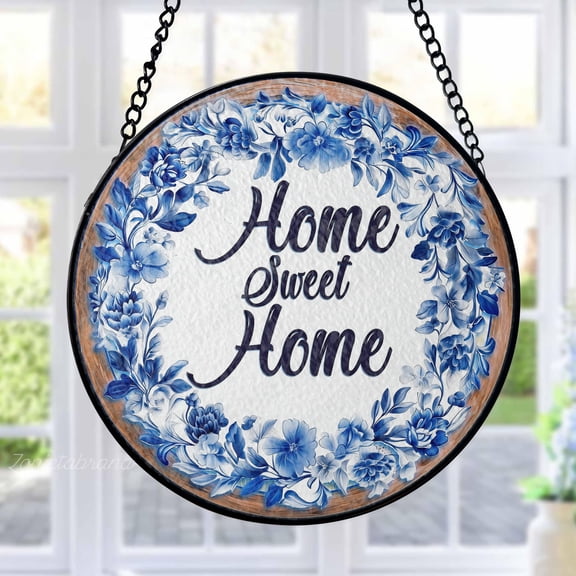 Home Sweet Home Stained Glass Suncatcher Metal Outdoor Decor Farmhouse Floral Blue White
