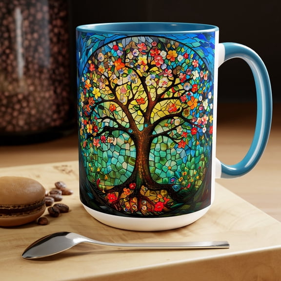 Stained Glass Tree of Life Mug: Boho Floral Ceramic Coffee Cup