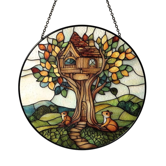 Stained Glass Treehouse Suncatcher with Squirrels, Woodland Cabin Window Decor, Cozy Nature Light Catcher Gift