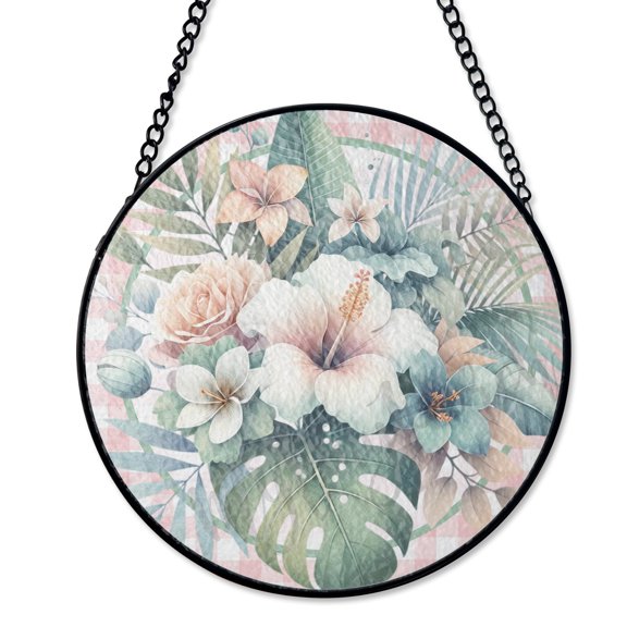 Stained Glass Tropical Floral Suncatcher - Round Window Panel, Beach House Coastal Summer Decor, Vacation Home Gift, Window Hanging Art