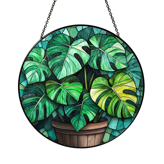 Stained Glass Tropical Monstera Suncatcher Window Hanging, Modern Greenery Home Window Decor