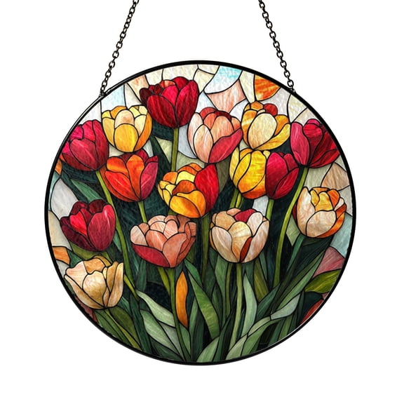 Stained Glass Tulip Suncatcher with Multicolor Flower Arrangement, Decorative Circular Window Art for Bright Interior Spaces