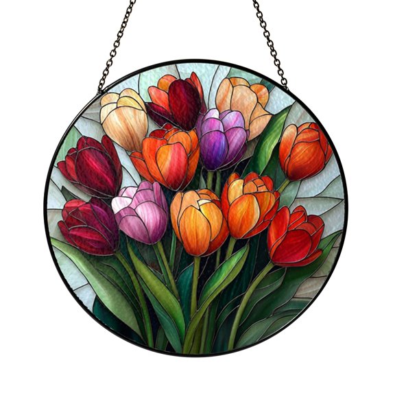 Stained Glass Tulip Suncatcher with Refined Spring Palette and Circular Floral Composition, Decorative Window Art for Natural Interiors