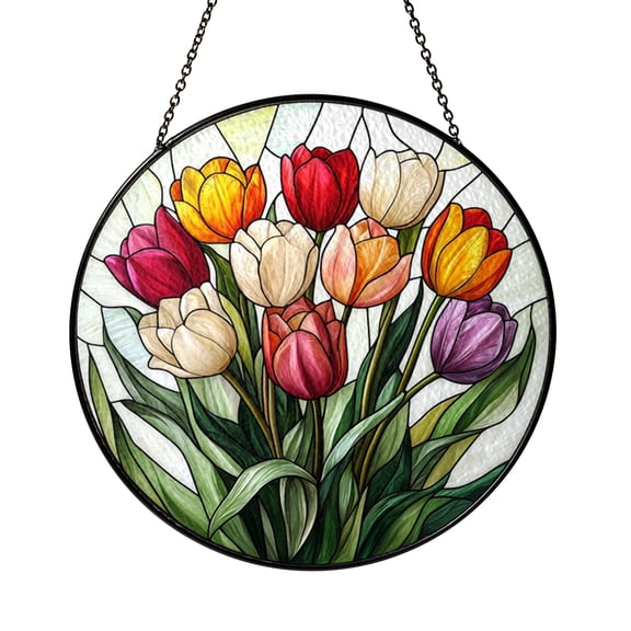 Stained Glass Tulips Window Suncatcher, Colorful Floral Art Decor Hanging, Fresh Spring Inspired Home Ornament