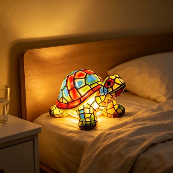 Stained Glass Turtle Lamp, Resin Sea Turtle Night Light, 3D Animal LED Table Lamp for Bedroom Office Desk Decor, Cute Turtle Gift for Women Kids