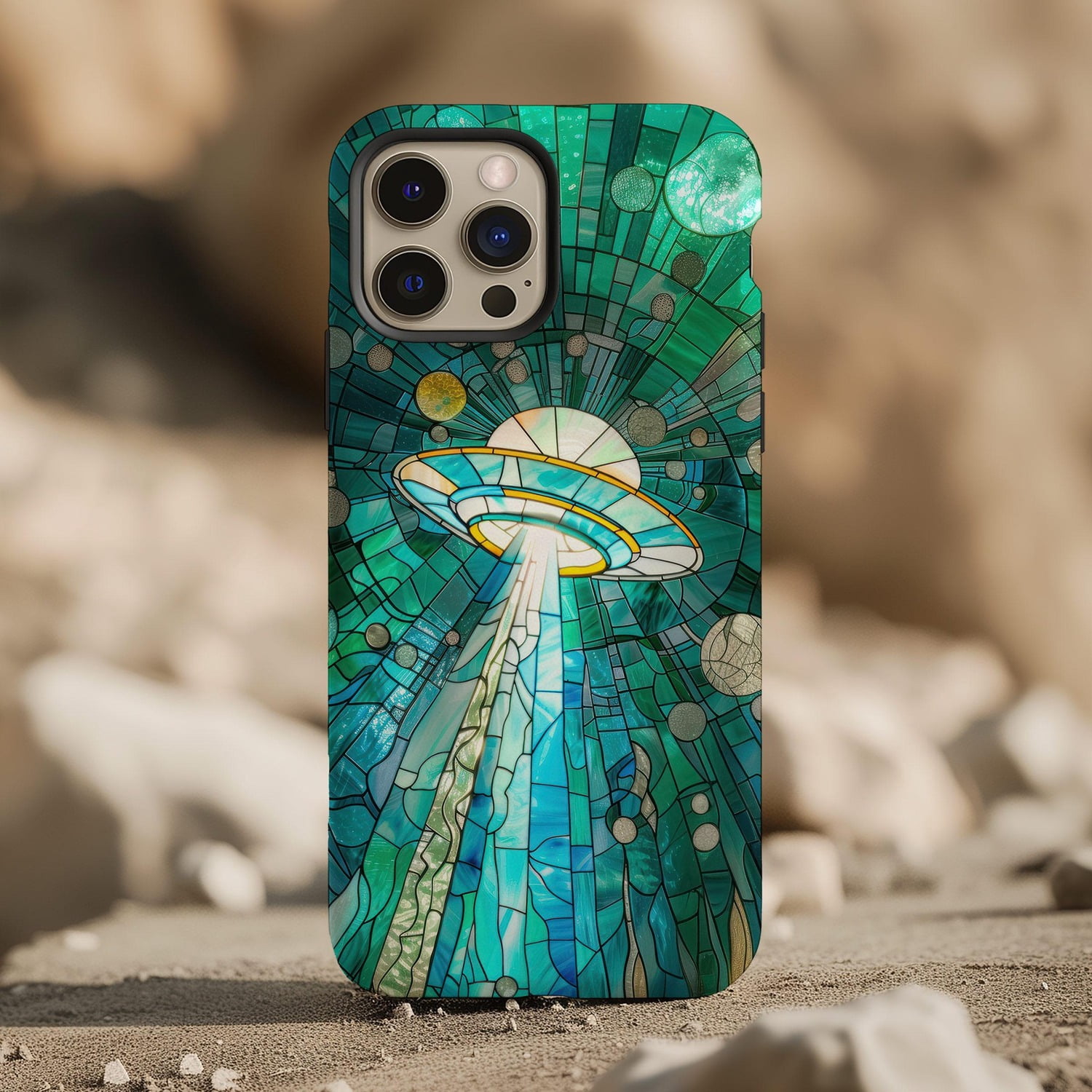 Stained Glass UFO and Planets Teal Tough Case for Apple iPhone, Dual ...