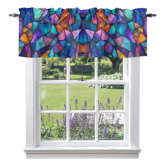 Stained Glass Valances for Windows, Abstract Minimalist Blue Purple Glass Sheets Texture Valance Window Treatment Rod Pocket Short Curtains Valances for Kitchen Bathroom 42"W x 12"L