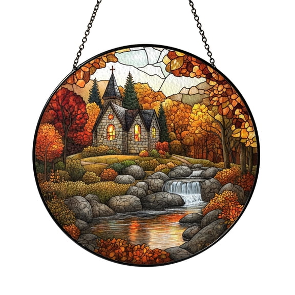 Stained Glass Village Church Suncatcher Window Art, Fall Landscape Design, Calm Decorative Accent