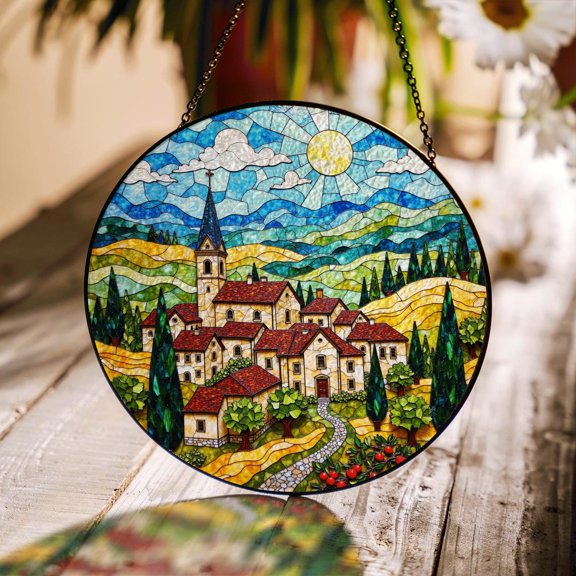 Stained Glass Village Scene Suncatcher, Window Hanging Decor, 3.5 in