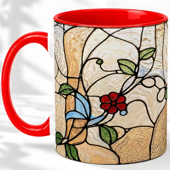 Stained Glass Vine Coffee Mug, Floral Mosaic Mug, Morning Tea Cup for Home, Red Flower Vine with Blue Leaves and Cream Glass Panels, Abstract Window Art, Cottage Garden Plant Lover