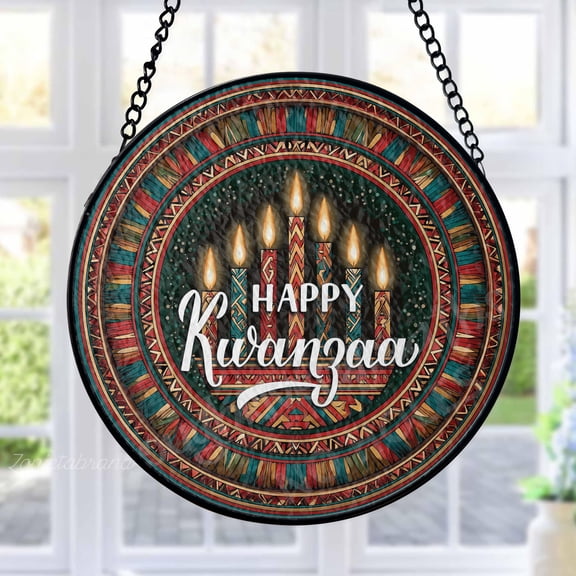 Happy Kwanzaa Stained Glass Suncatcher Metal Outdoor Decor African Inspired Red Green Gold