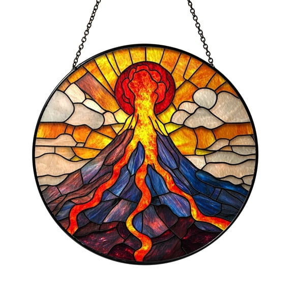 Stained Glass Volcano Window Hanging, Lava Mountain Landscape Design, Bold Nature Inspired Home or Office Decor