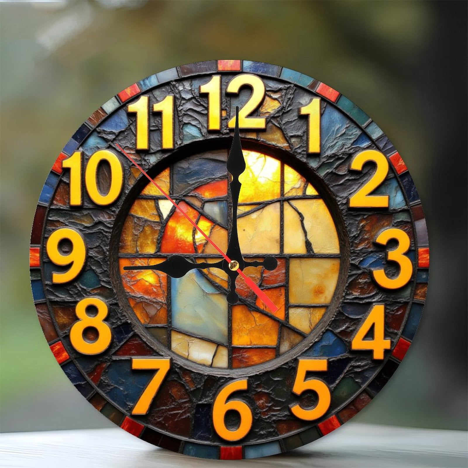 Stained Glass Wall Clock Decor Vintage Home Art 10-Inch Silent Wooden ...