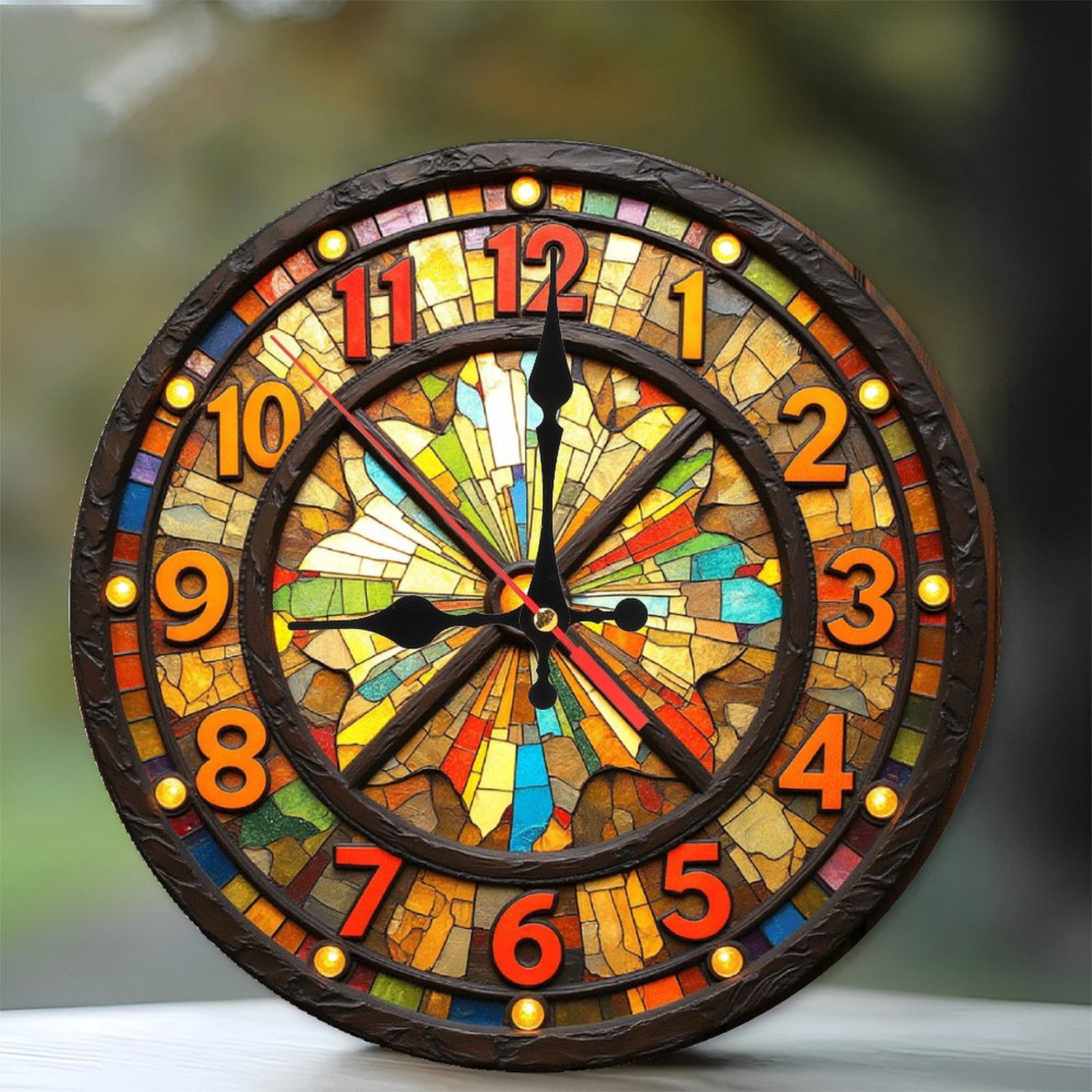 Stained Glass Wall Clock Decorative Mural Art Home Decor 10-Inch Silent ...
