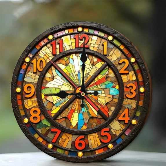Stained Glass Wall Clock Decorative Mural Art Home Decor 10-Inch Silent Wooden Wall Clock, Battery Operated (AA Batteries Not Included), Artistic Home Decor