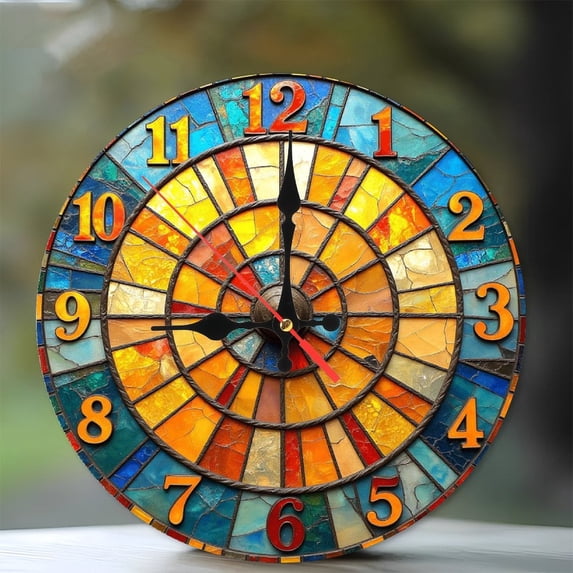 Stained Glass Wall Clock Home Decor Art 10-Inch Silent Wooden Wall Clock, Battery Operated (AA Batteries Not Included), Artistic Home Decor