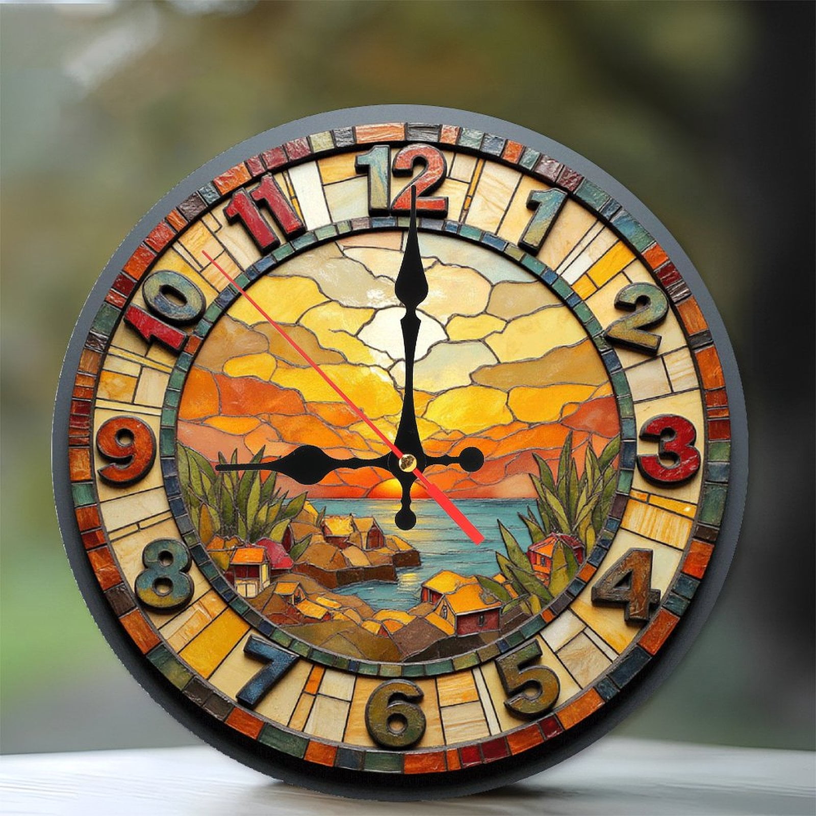 Stained Glass Wall Clock with Sunset Design And Colors 10-Inch Silent ...