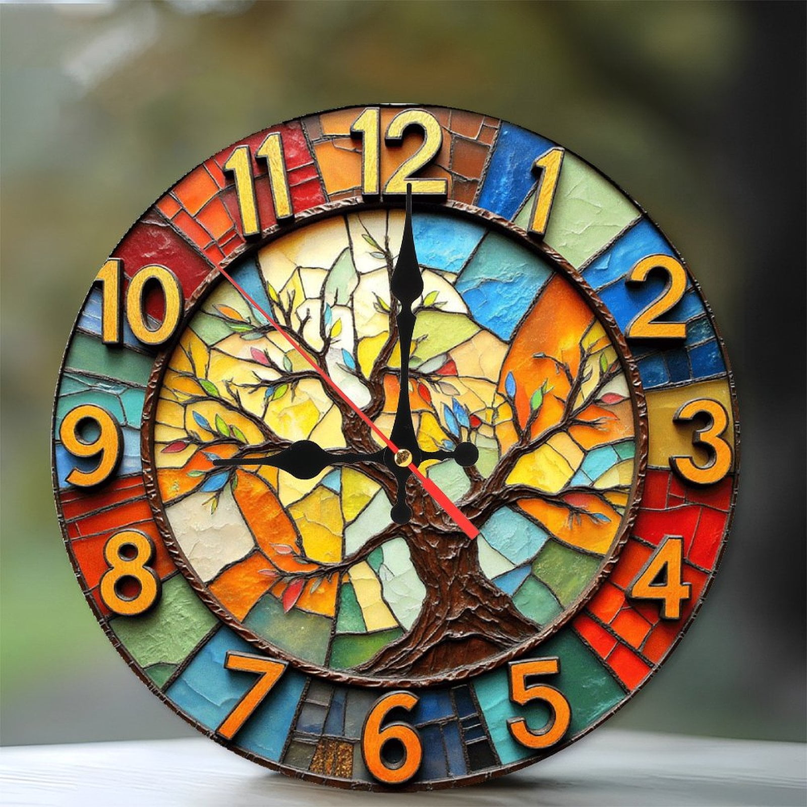 Stained Glass Wall Clock with Tree Design And Vibrant Colors 10-Inch ...