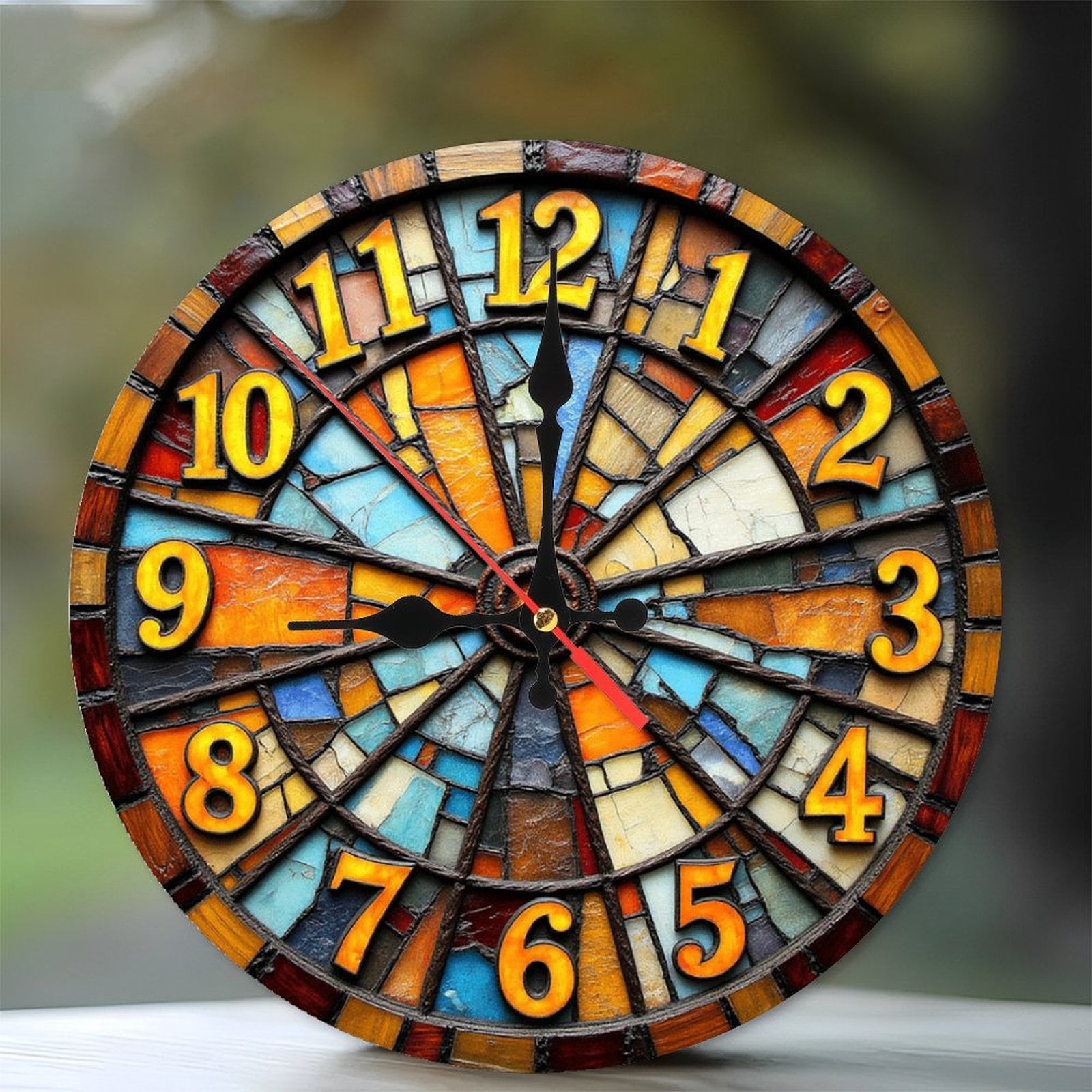 Stained Glass Wall Clock with Colorful Design 10-Inch Silent Wooden ...