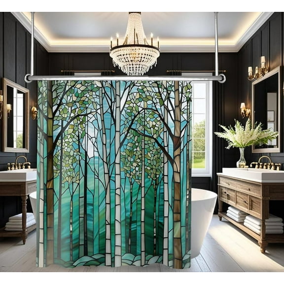 Stained Glass Watercolor Birch Trees Forest Fabric Shower Curtain Nature Inspired Bathroom Decor Inspired Teal-Green Decor Long Shower Curtain Bathroom Decor 60x72in