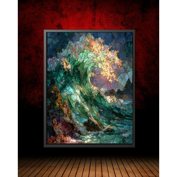 Stained Glass Wave Art Poster: Iridescent Mosaic Ocean, Unframed Poster Size 8x12