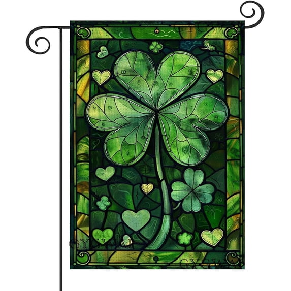 Stained Glass Welcome St Patricks Day Shamrock Garden Flag 12x18 Inch Double Sided Small Yard Outdoor Flag for Holiday Outdoor Decoration