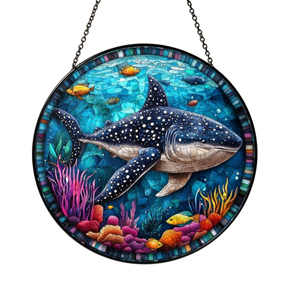 Stained Glass Whale Shark Window Suncatcher, Vibrant Underwater Sun Catcher Hanging, Ocean Inspired Decor