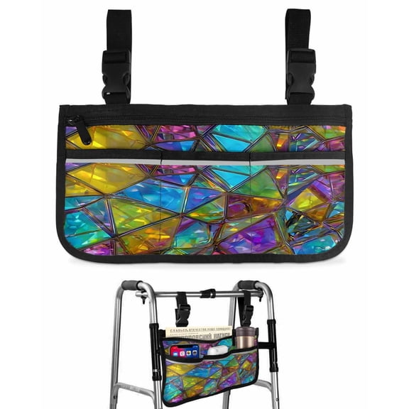 Stained Glass Wheelchair Bag with Cup Holder Walker Bag with Reflective Stripes for Seniors Wheel Chair Accessories for Adults Vintage Abstarct Geometric Pattern Art Wheelchair Side Bags for Rollator