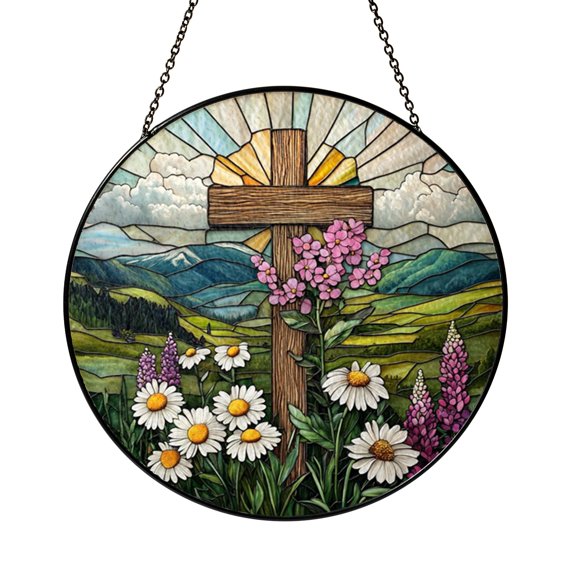 Stained Glass Wildflower Cross Suncatcher Window Hanging, Colorful Floral Window Art for Home Display