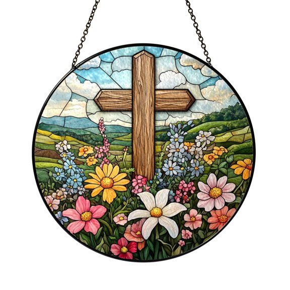 Stained Glass Wildflower Cross Suncatcher Window Hanging, Gentle Floral Religious Window Decor