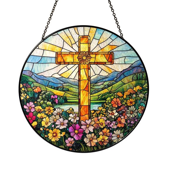 Stained Glass Wildflower Cross Suncatcher Window Hanging, Gentle Religious Window Decor