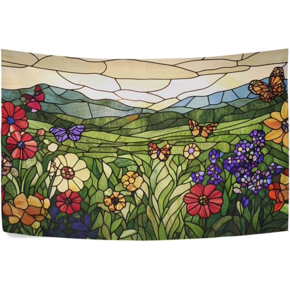 Stained Glass Wildflowers Butterflies Tapestry Wall Hanging Tapestry Personalized Tapestry Throw Dorm Living Room Art Home Decor 60 x 40