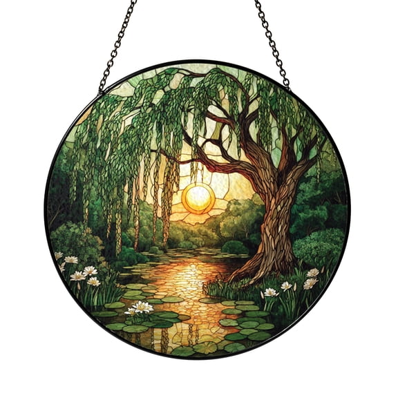 Stained Glass Willow Tree Ornament, Relaxing River Scene Window Hanging