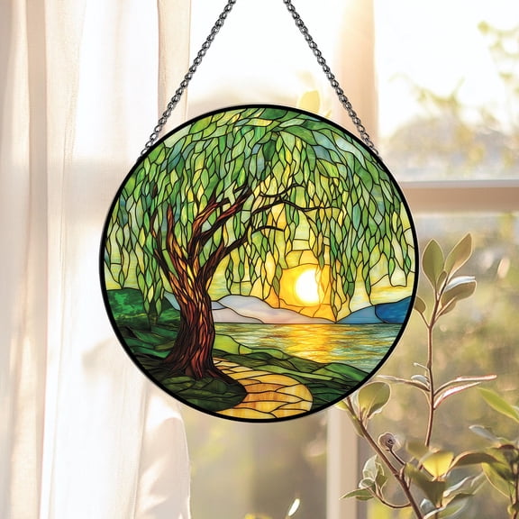 Stained Glass Willow Tree Sunset Window Hanging Decoration Nature Landscape Suncatcher Wall Art