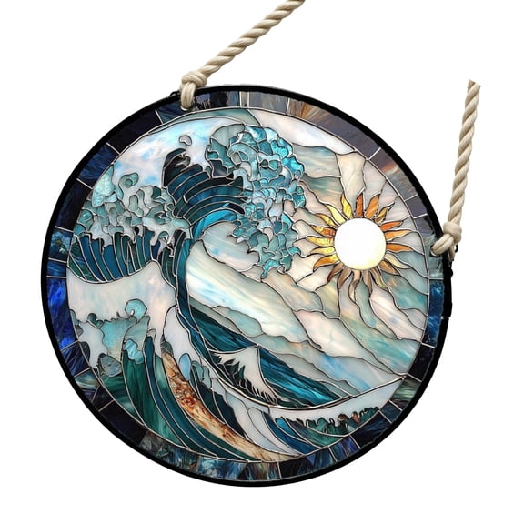 Stained Glass Window Blue White Waves Suncatchers Colorful Glass Window Panel Decors for Garden Ornament